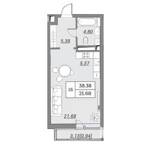 1-к квартира, вторичка, 38м2, 3/9 этаж