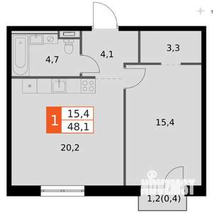 2-к квартира, вторичка, 48м2, 4/14 этаж