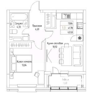 1-к квартира, вторичка, 44м2, 7/9 этаж