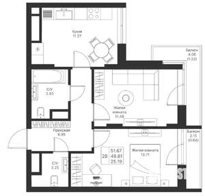 2-к квартира, вторичка, 52м2, 13/24 этаж