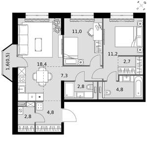 2-к квартира, вторичка, 66м2, 9/20 этаж