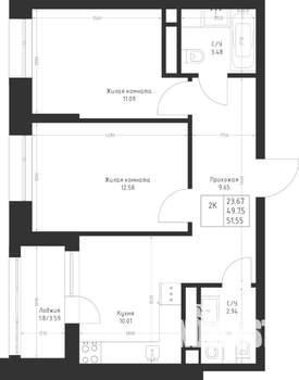2-к квартира, вторичка, 52м2, 13/23 этаж