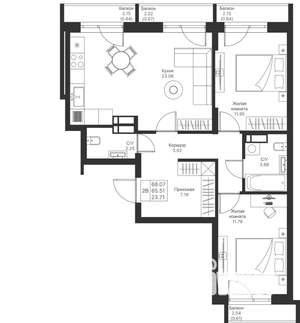 2-к квартира, вторичка, 68м2, 9/25 этаж
