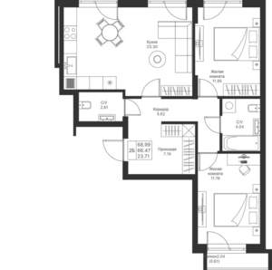2-к квартира, вторичка, 69м2, 3/25 этаж