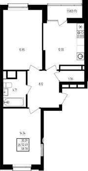 2-к квартира, строящийся дом, 58м2, 11/19 этаж