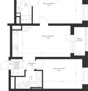 2-к квартира, вторичка, 66м2, 2/23 этаж