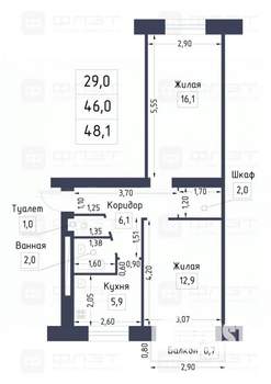 2-к квартира, вторичка, 46м2, 4/5 этаж