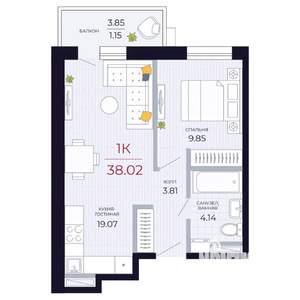 1-к квартира, вторичка, 38м2, 22/23 этаж