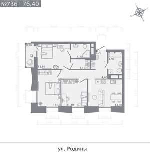 3-к квартира, строящийся дом, 76м2, 7/23 этаж