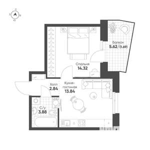 1-к квартира, строящийся дом, 37м2, 15/19 этаж