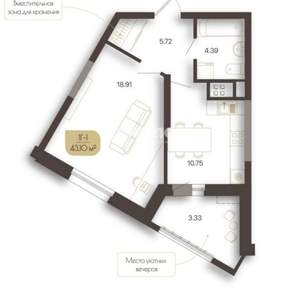 1-к квартира, сданный дом, 43м2, 5/20 этаж