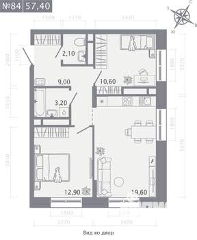 2-к квартира, строящийся дом, 57м2, 7/23 этаж