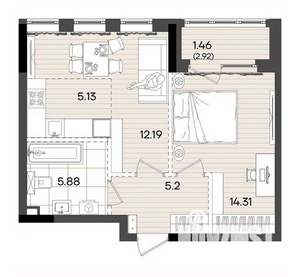 2-к квартира, вторичка, 44м2, 22/23 этаж