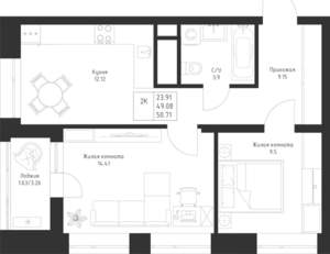2-к квартира, вторичка, 51м2, 20/23 этаж