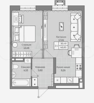 2-к квартира, вторичка, 47м2, 9/25 этаж