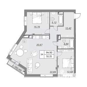 3-к квартира, вторичка, 95м2, 4/9 этаж