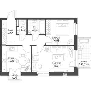 2-к квартира, строящийся дом, 55м2, 8/8 этаж