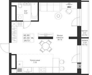 1-к квартира, вторичка, 47м2, 13/25 этаж