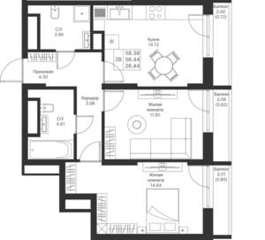 2-к квартира, вторичка, 58м2, 19/24 этаж