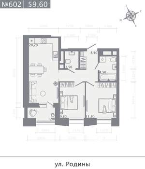 2-к квартира, строящийся дом, 60м2, 7/23 этаж