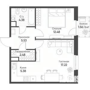 2-к квартира, строящийся дом, 48м2, 9/18 этаж