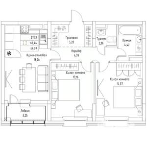 2-к квартира, вторичка, 64м2, 7/9 этаж