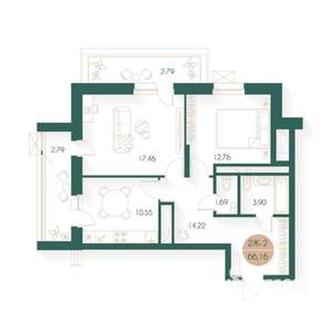 2-к квартира, строящийся дом, 66м2, 10/24 этаж
