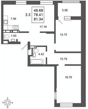 3-к квартира, вторичка, 81м2, 2/17 этаж