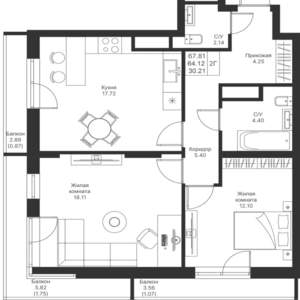 2-к квартира, вторичка, 68м2, 19/25 этаж