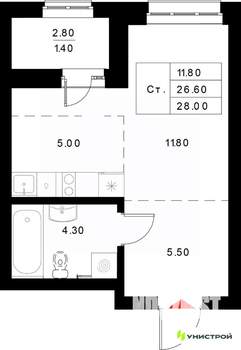 1-к квартира, вторичка, 28м2, 11/22 этаж
