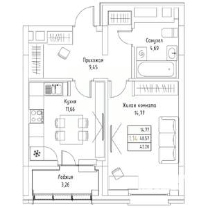1-к квартира, вторичка, 42м2, 1/9 этаж