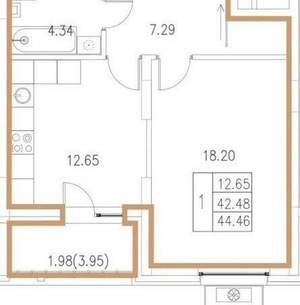 1-к квартира, вторичка, 43м2, 2/9 этаж