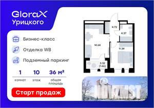 1-к квартира, строящийся дом, 37м2, 10/20 этаж