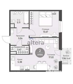 2-к квартира, строящийся дом, 50м2, 3/19 этаж