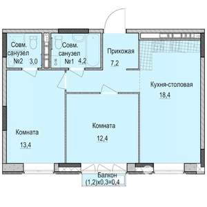 2-к квартира, строящийся дом, 59м2, 3/14 этаж