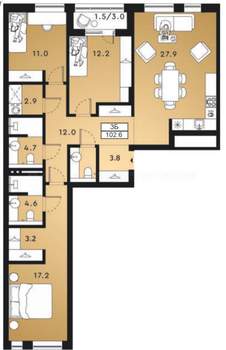 3-к квартира, вторичка, 103м2, 3/4 этаж