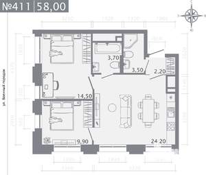 2-к квартира, вторичка, 58м2, 6/25 этаж