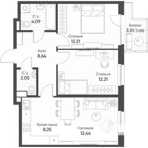 3-к квартира, строящийся дом, 61м2, 4/8 этаж