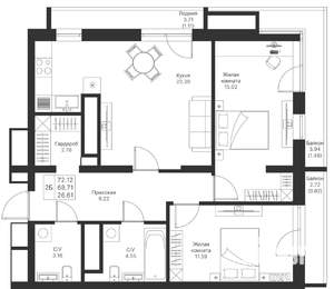 2-к квартира, вторичка, 72м2, 13/24 этаж