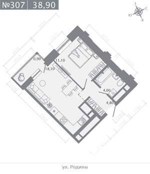 1-к квартира, строящийся дом, 39м2, 20/23 этаж