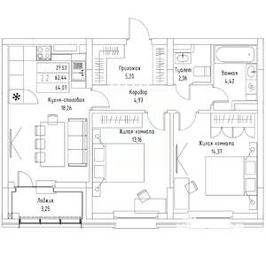 2-к квартира, вторичка, 64м2, 3/9 этаж