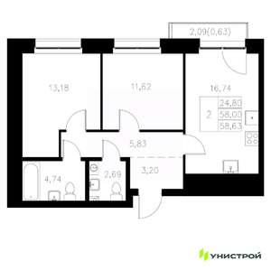 2-к квартира, вторичка, 59м2, 6/8 этаж