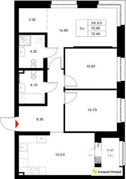 3-к квартира, вторичка, 72м2, 6/22 этаж