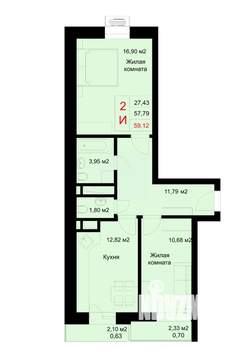 2-к квартира, строящийся дом, 59м2, 9/10 этаж