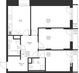 3-к квартира, вторичка, 82м2, 4/25 этаж