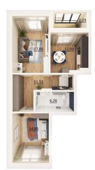 2-к квартира, вторичка, 63м2, 3/17 этаж