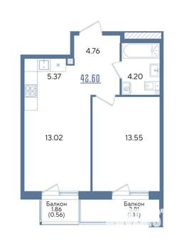1-к квартира, строящийся дом, 43м2, 2/13 этаж