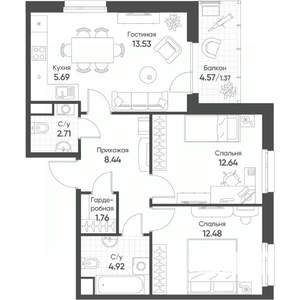 3-к квартира, строящийся дом, 64м2, 18/18 этаж