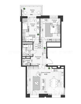 3-к квартира, строящийся дом, 99м2, 4/4 этаж