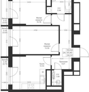 2-к квартира, вторичка, 54м2, 12/24 этаж
